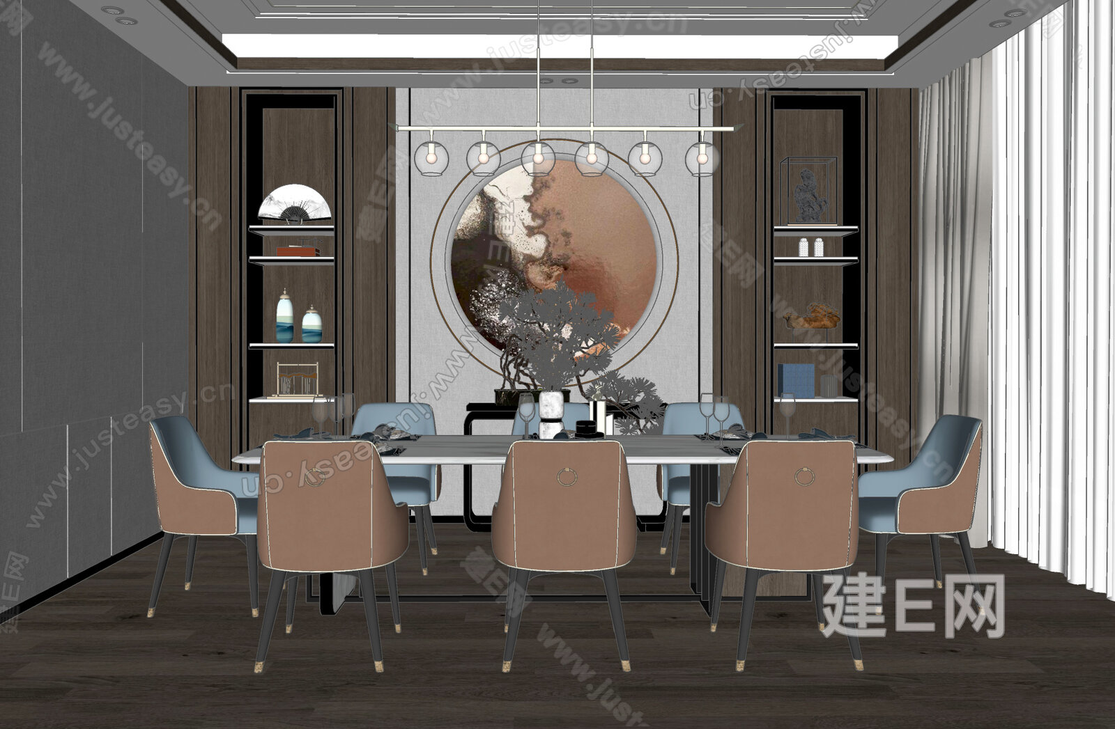 新中式餐厅模型SU模型下载[ID:114575186]_建e网su模型