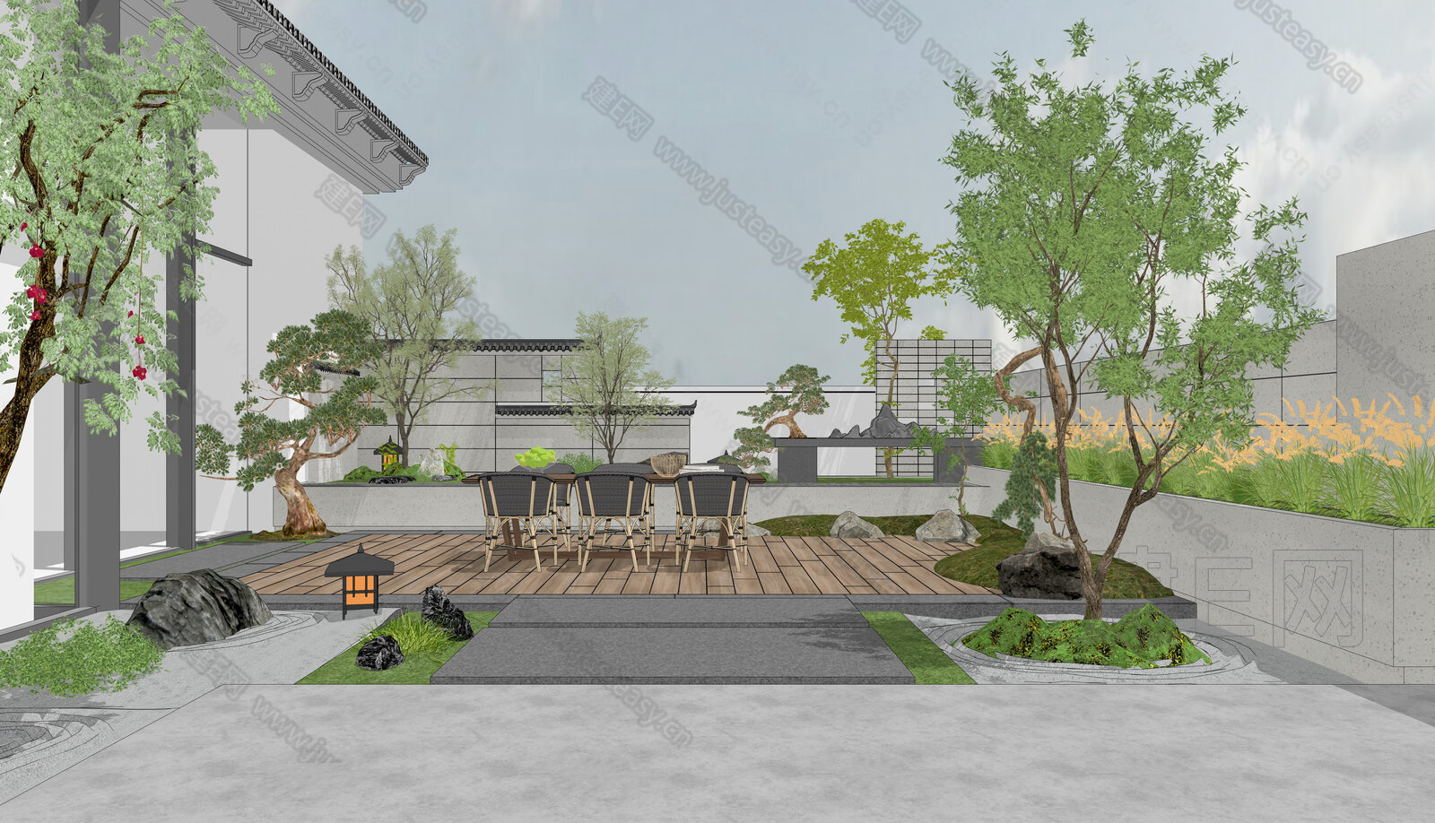 新中式屋顶花园模型SU模型下载[ID:116410202]_建e网su模型