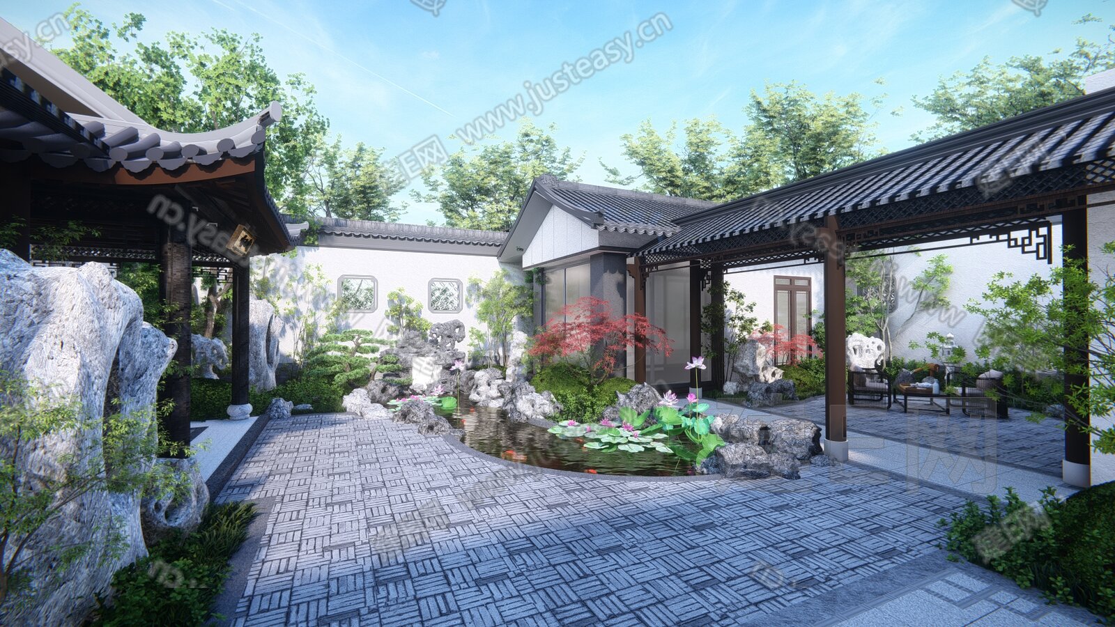 新中式庭院花园模型SU模型下载[ID:117196700]_建E室内设计网