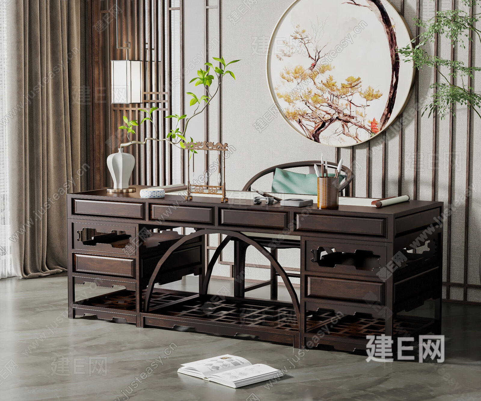 新中式书桌椅组合3d模型