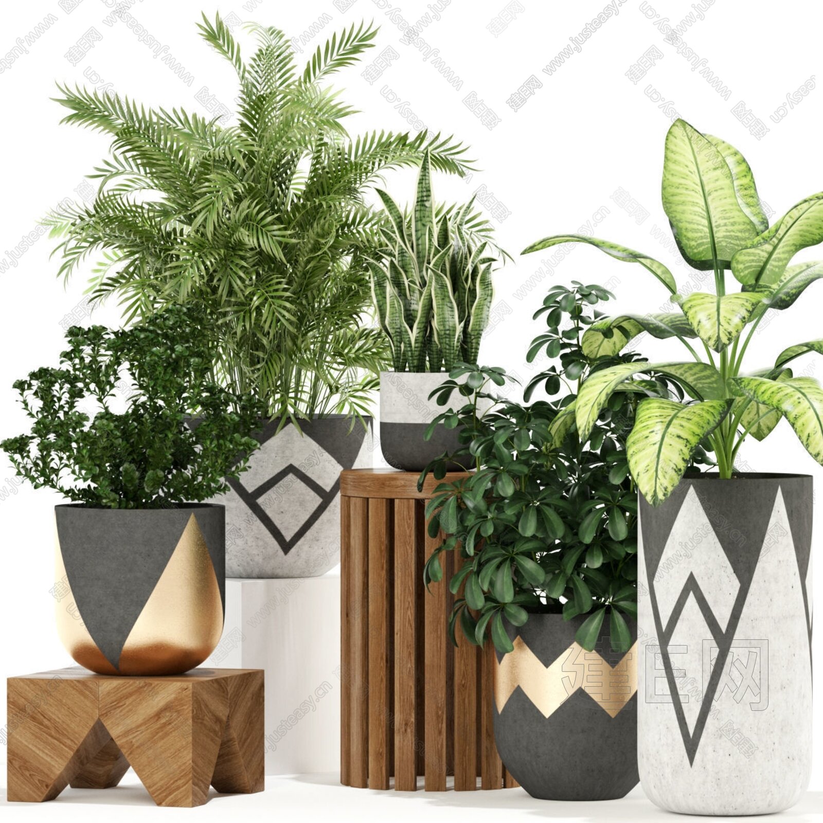 现代绿植盆栽组合模型SU模型下载[ID:107366442]_建e网su模型