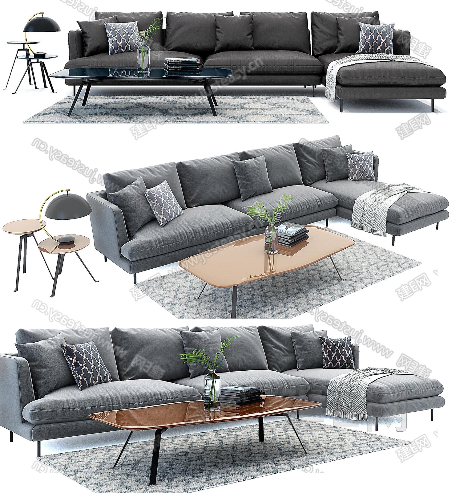现代布艺转角沙发茶几组合模型3d模型下载[ID:106320305]_建e网3d模型