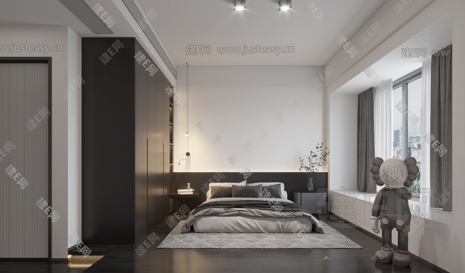 【现代极简黑白灰卧室3d模型】建e网_现代极简黑白灰卧室3d模型下载[ID:107041058]_打造3d现代极简黑白灰卧室模型免费下载平台