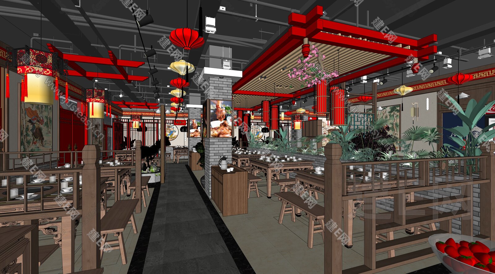 新中式火锅店模型SU模型下载[ID:110249797]_建E室内设计网