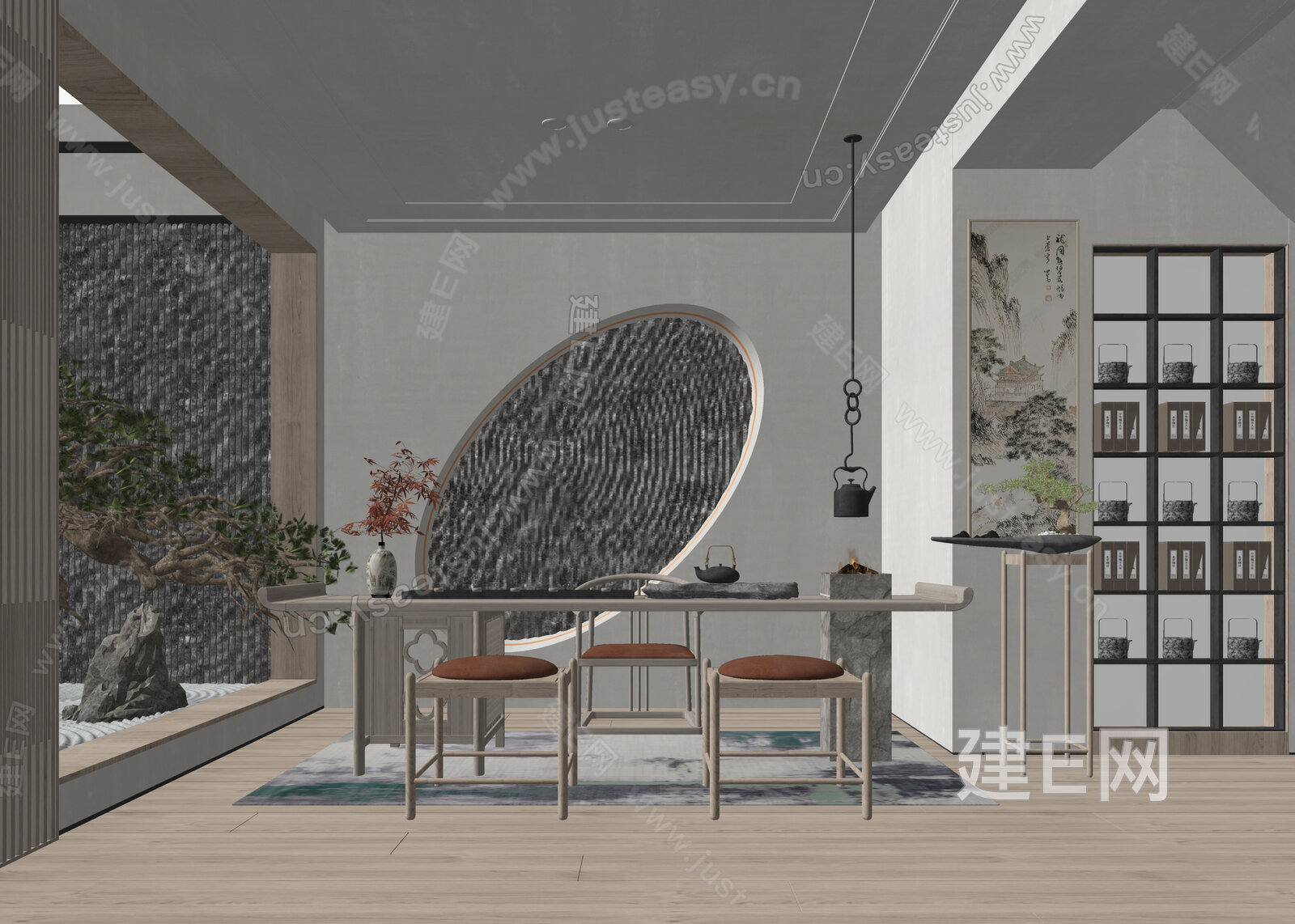 新中式茶室模型SU模型下载[ID:110839773]_建E室内设计网