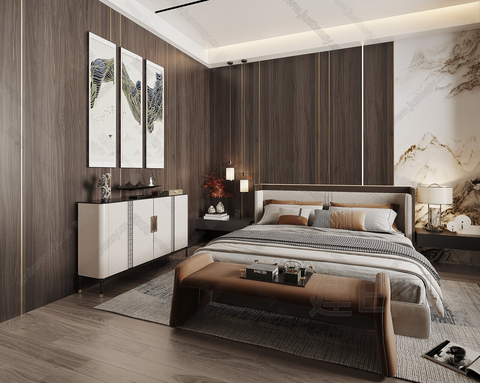 新中式卧室3d模型下载