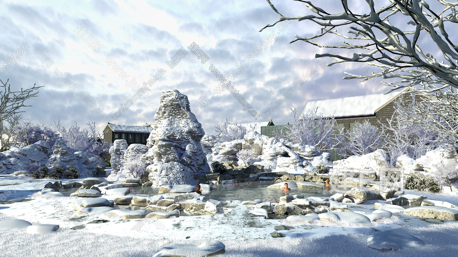 现代温泉雪景3d模型下载