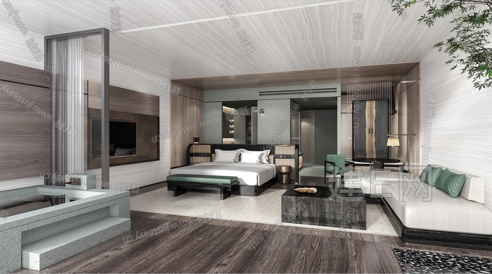 新中式酒店客房3d模型下载[ID:103961016]_建e网3d模型