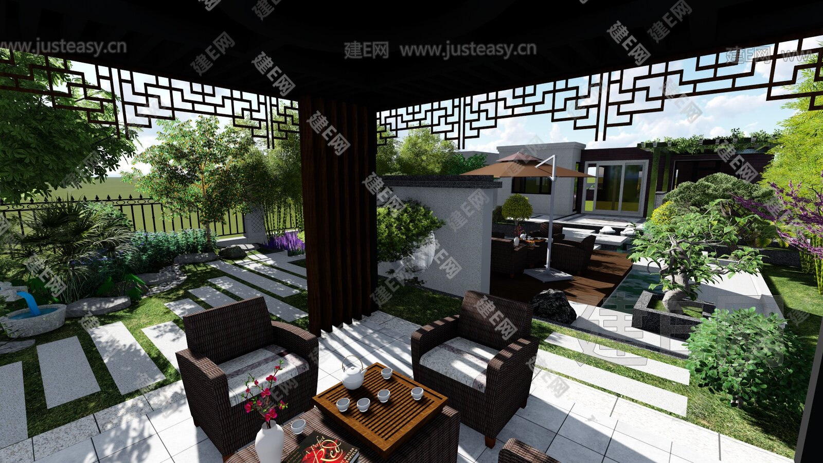 新中式庭院景观SU模型下载[ID:105793107]_建E网SU模型库