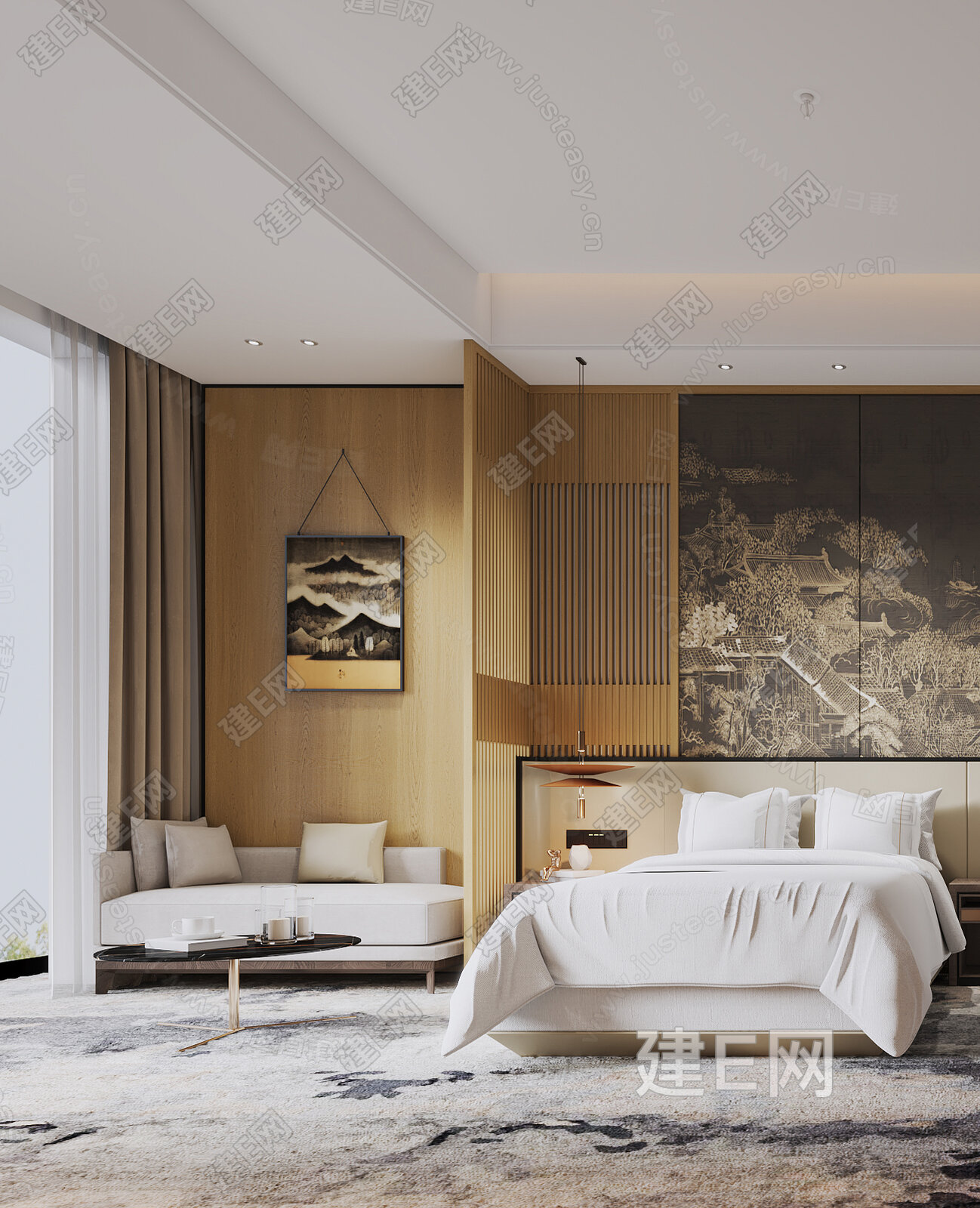 新中式酒店客房3d模型下载[ID:115036438]_建e网3d模型