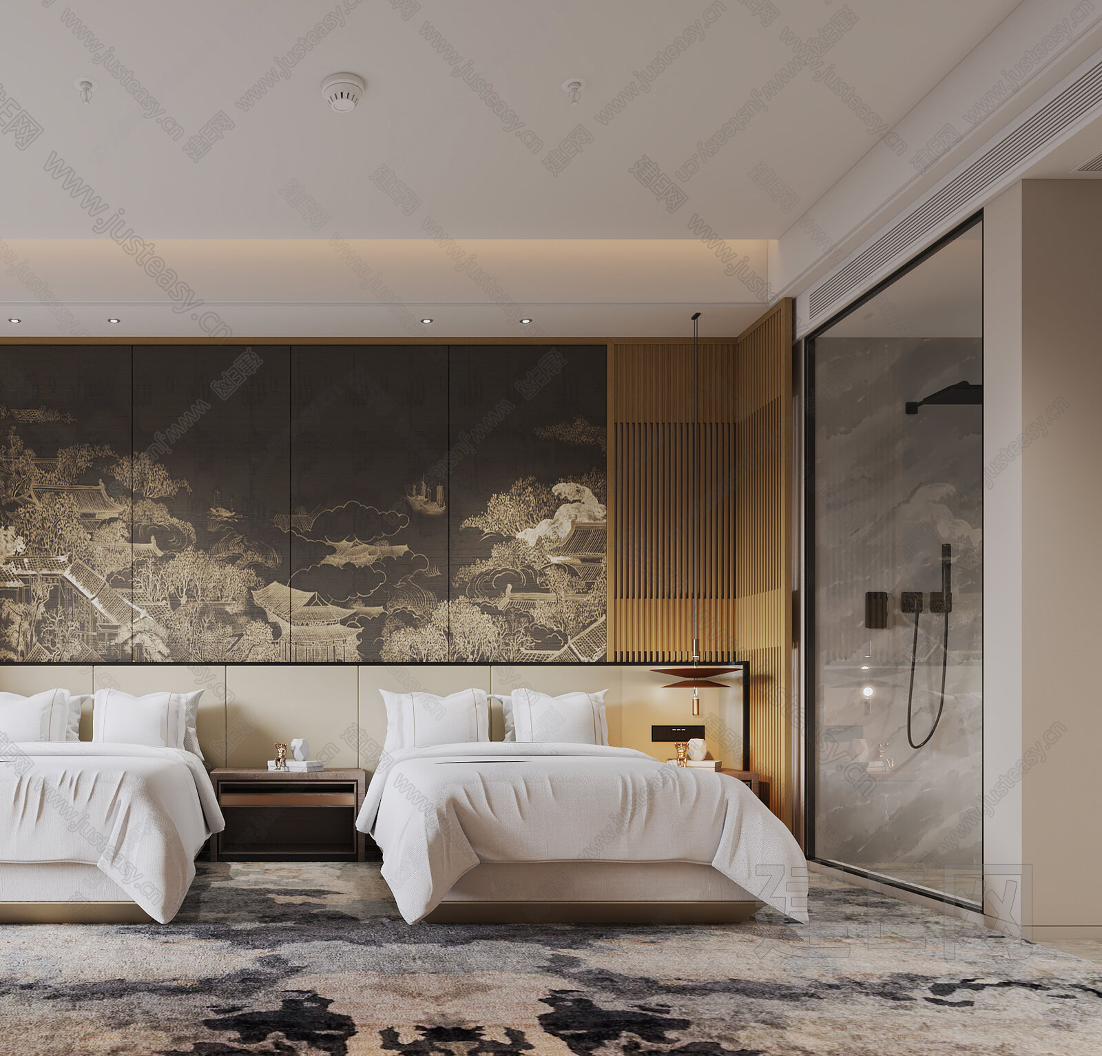 新中式酒店客房3d模型下载[ID:115036438]_建e网3d模型