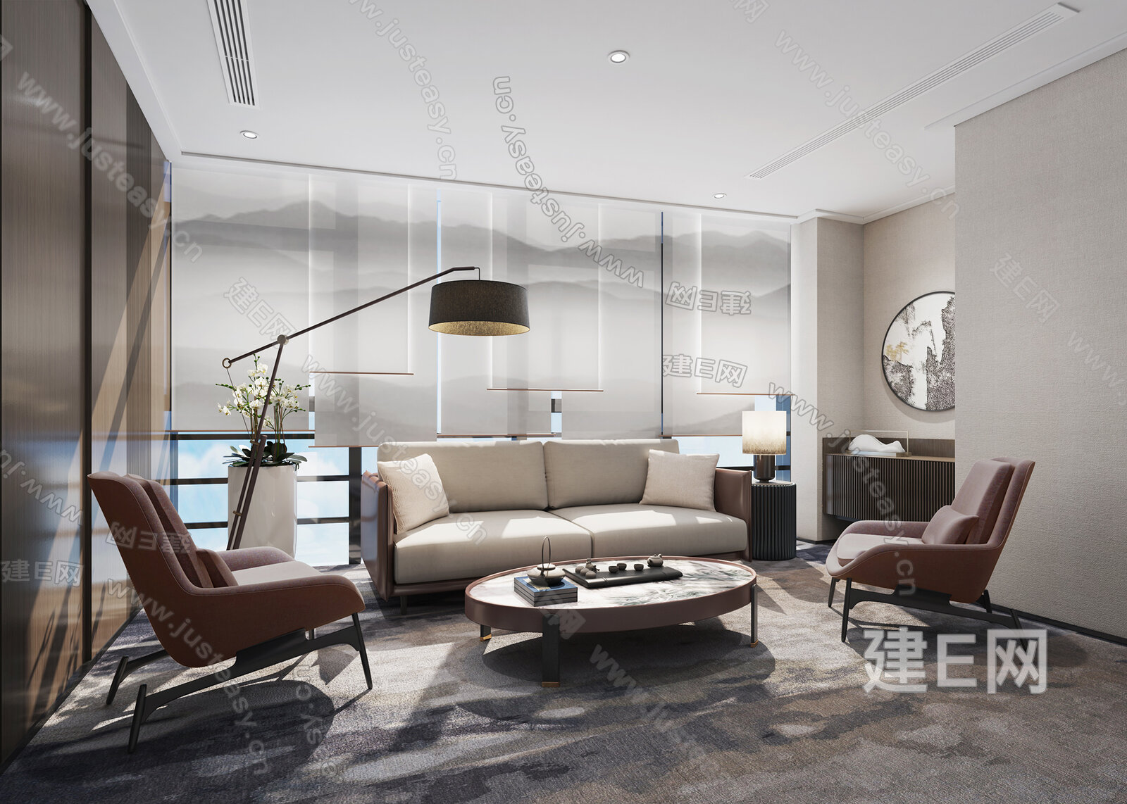 新中式会客厅模型SU模型下载[ID:116148621]_建E室内设计网