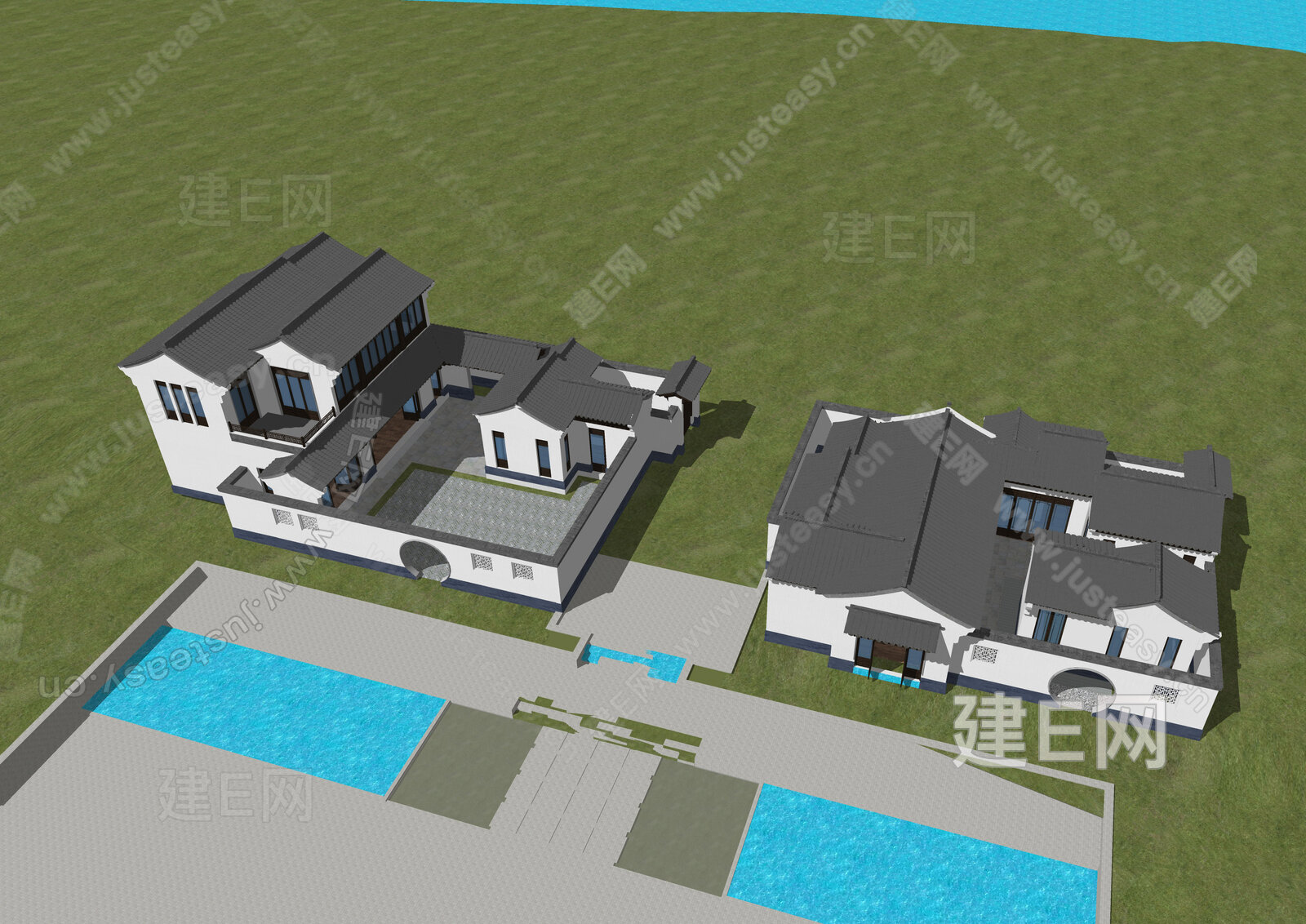 新中式别墅模型SU模型下载[ID:106972850]_建E室内设计网