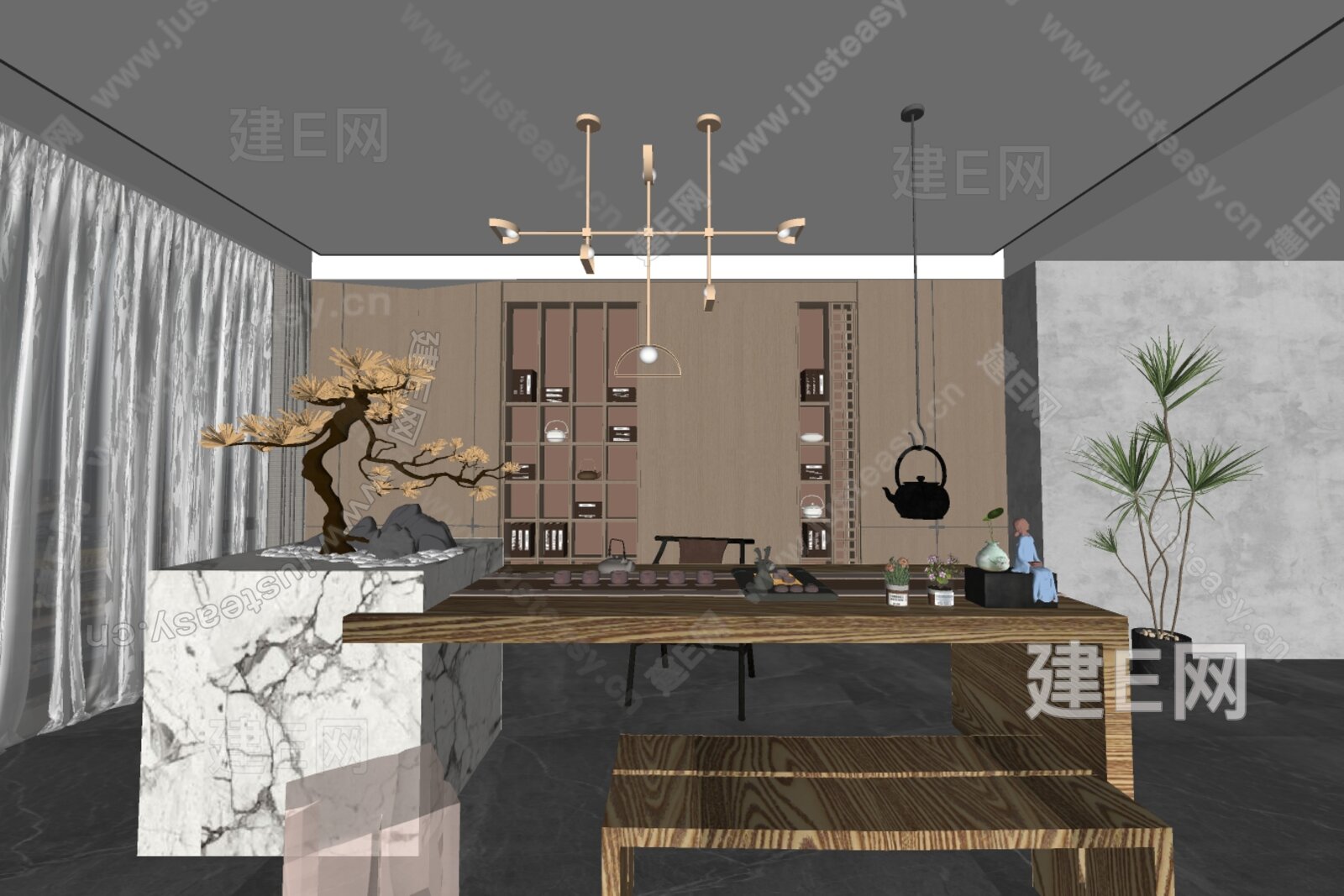 新中式茶室模型SU模型下载[ID:108545726]_建e网su模型