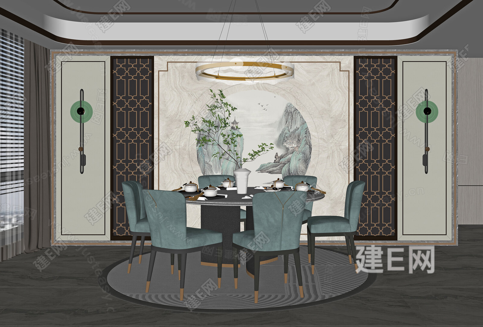 新中式餐厅模型SU模型下载[ID:101074601]_建E室内设计网