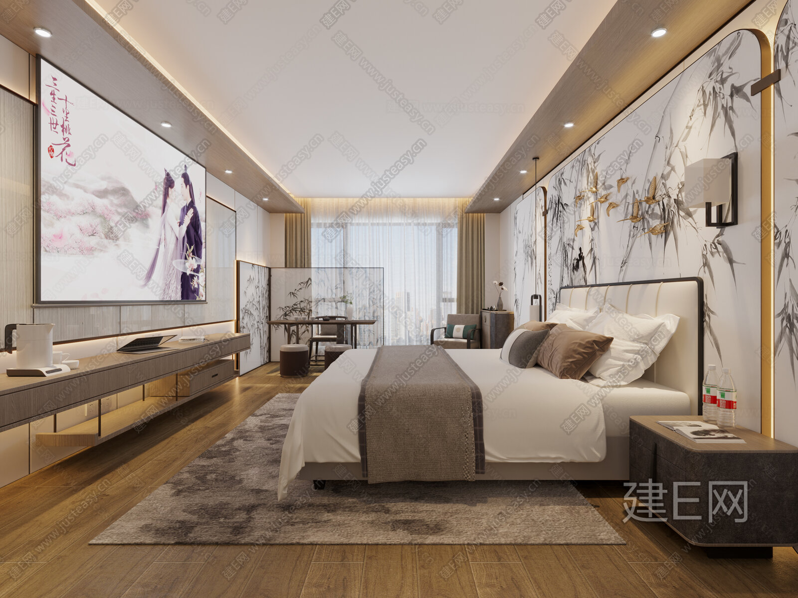 【新中式酒店客房3d模型】建e网_新中式酒店客房3d模型下载[ID:112546267]_打造3d新中式酒店客房模型免费下载平台