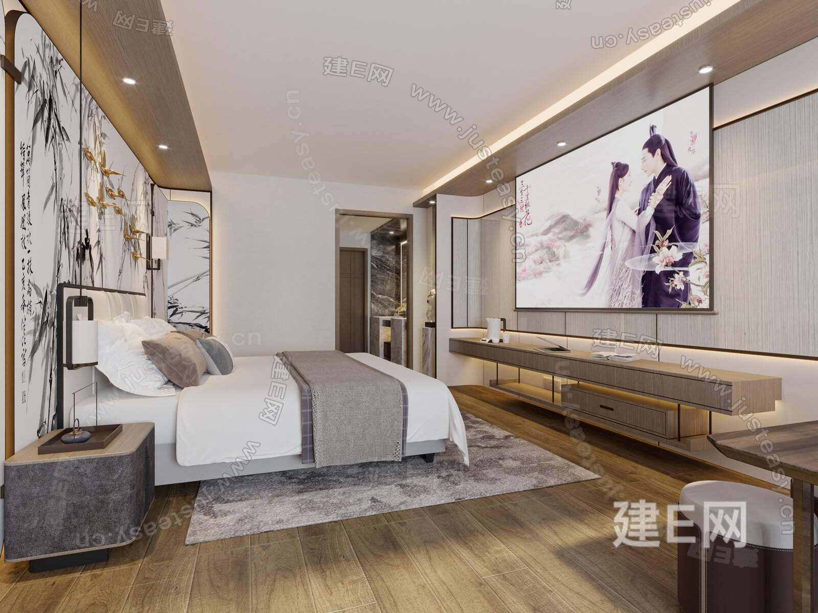 【新中式酒店客房3d模型】建e网_新中式酒店客房3d模型下载[ID:112546267]_打造3d新中式酒店客房模型免费下载平台