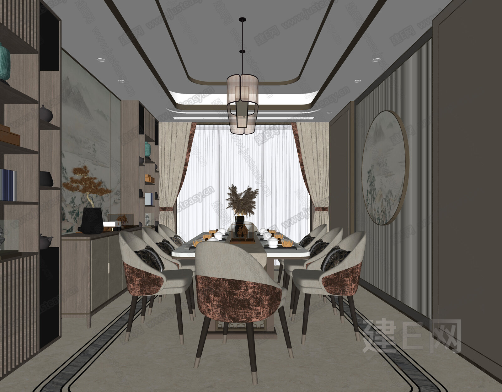 新中式餐厅模型SU模型下载[ID:100812472]_建e网su模型