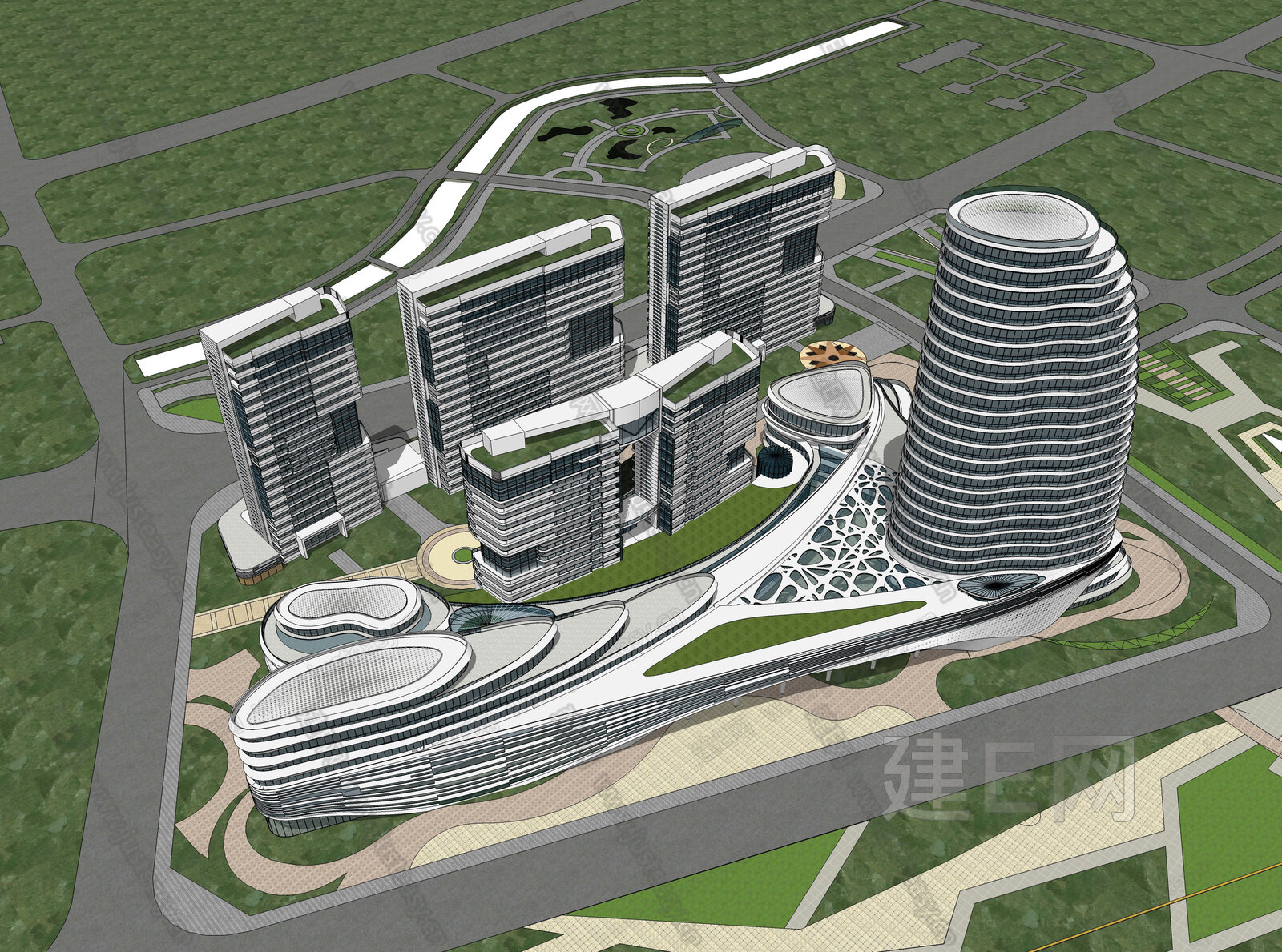 现代商业办公楼模型SU模型下载[ID:101467653]_建E室内设计网