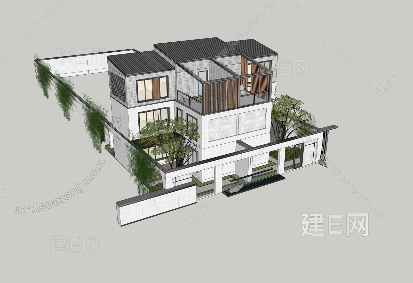 新中式别墅模型SU模型下载[ID:101402342]_建e网su模型