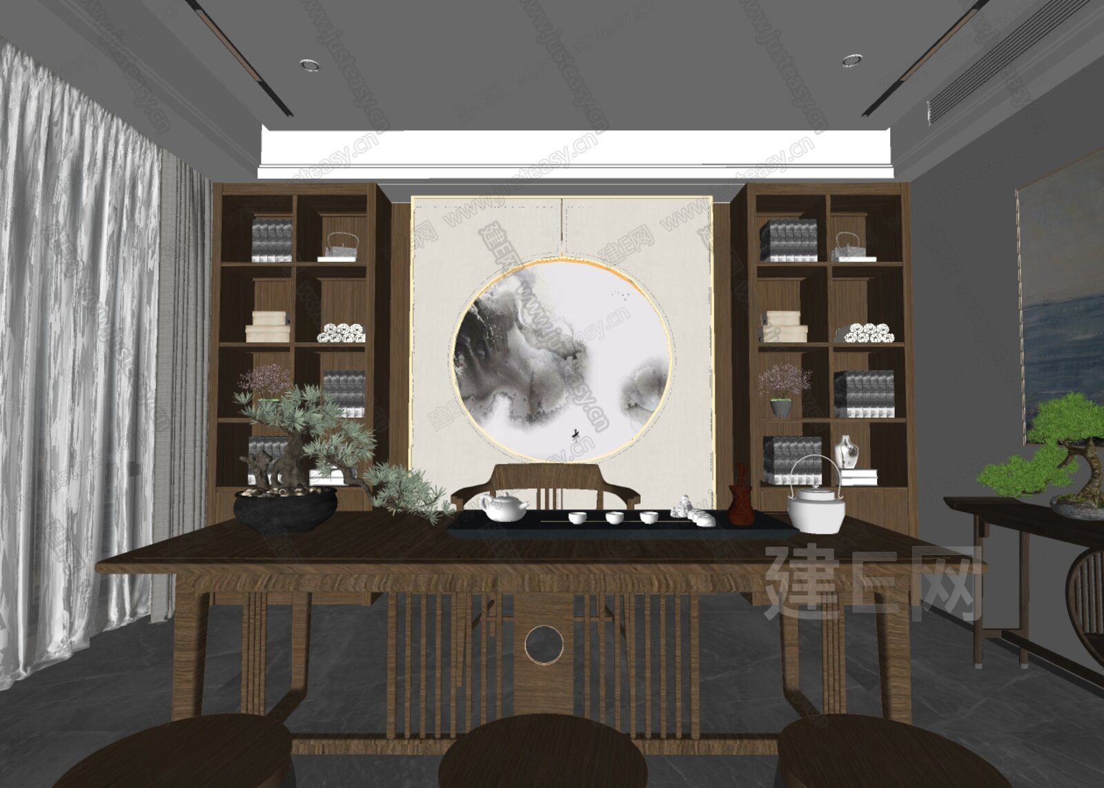 新中式茶室模型SU模型下载[ID:101926477]_建e网su模型