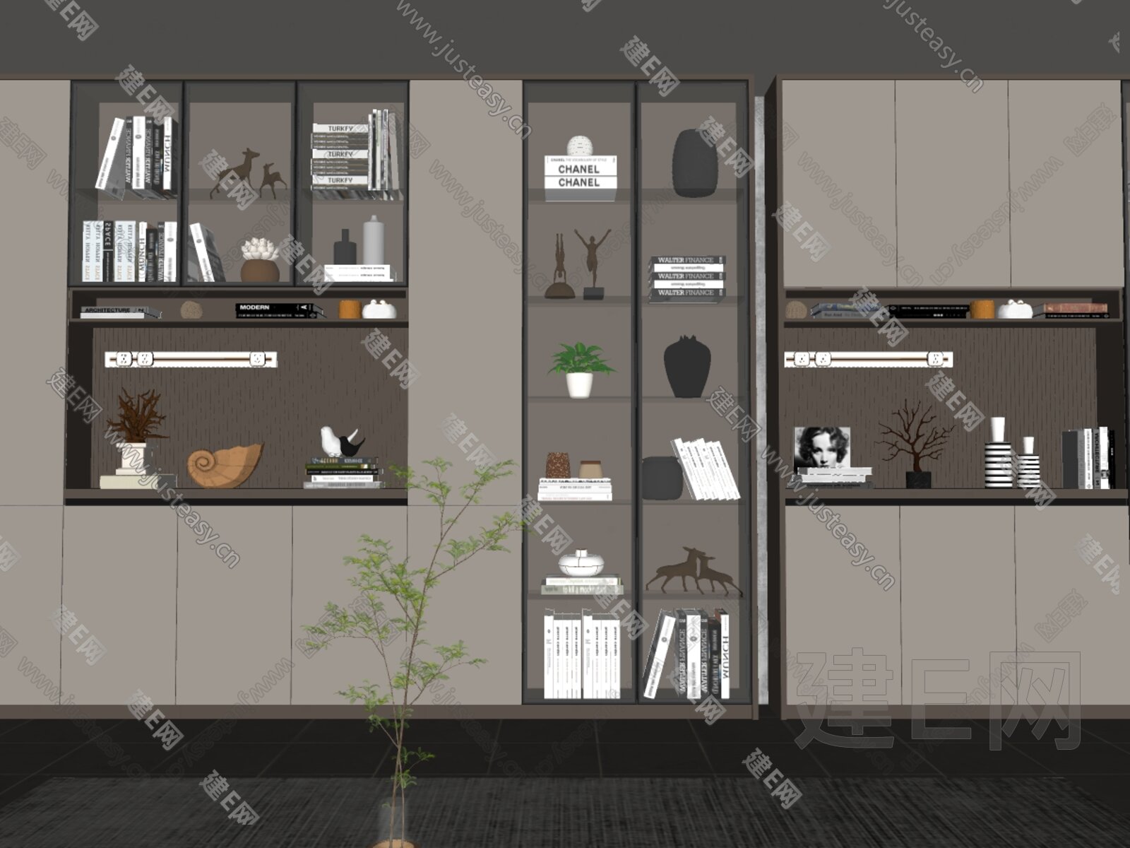 现代书柜组合模型SU模型下载[ID:103695903]_建E室内设计网