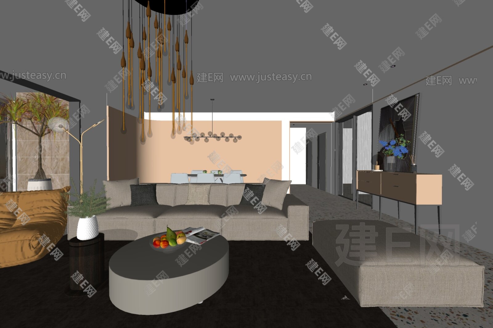 现代极简客餐厅模型SU模型下载[ID:103499336]_建e网su模型
