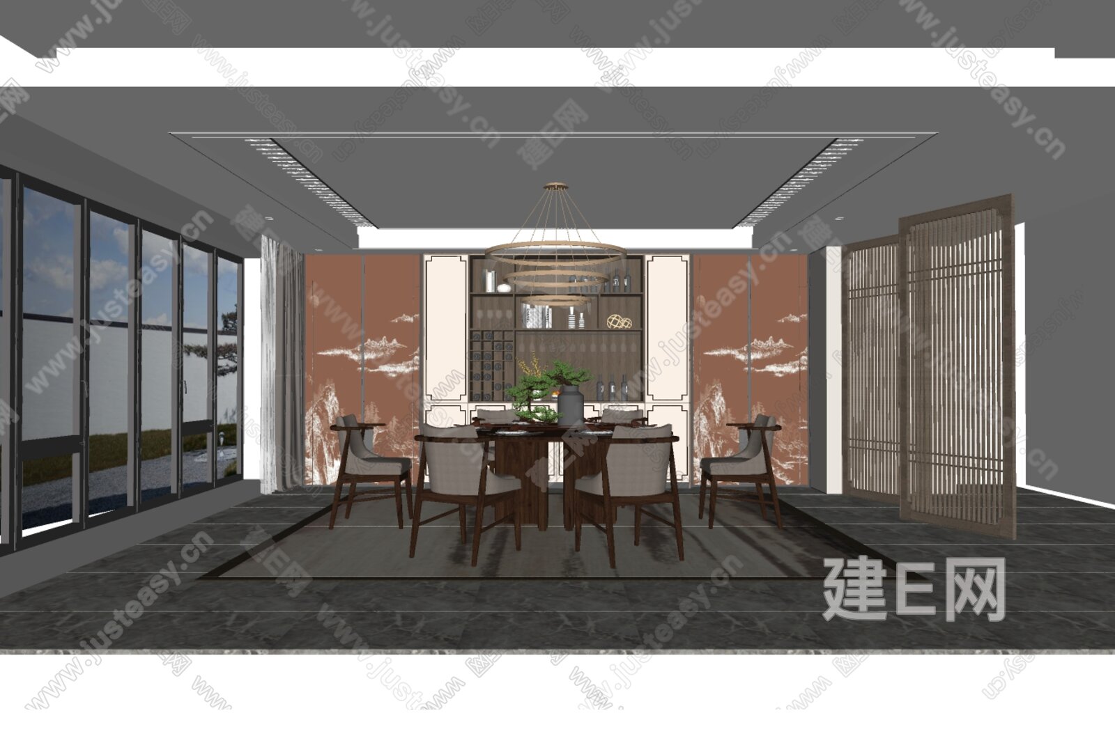 新中式餐厅模型SU模型下载[ID:104613472]_建E室内设计网