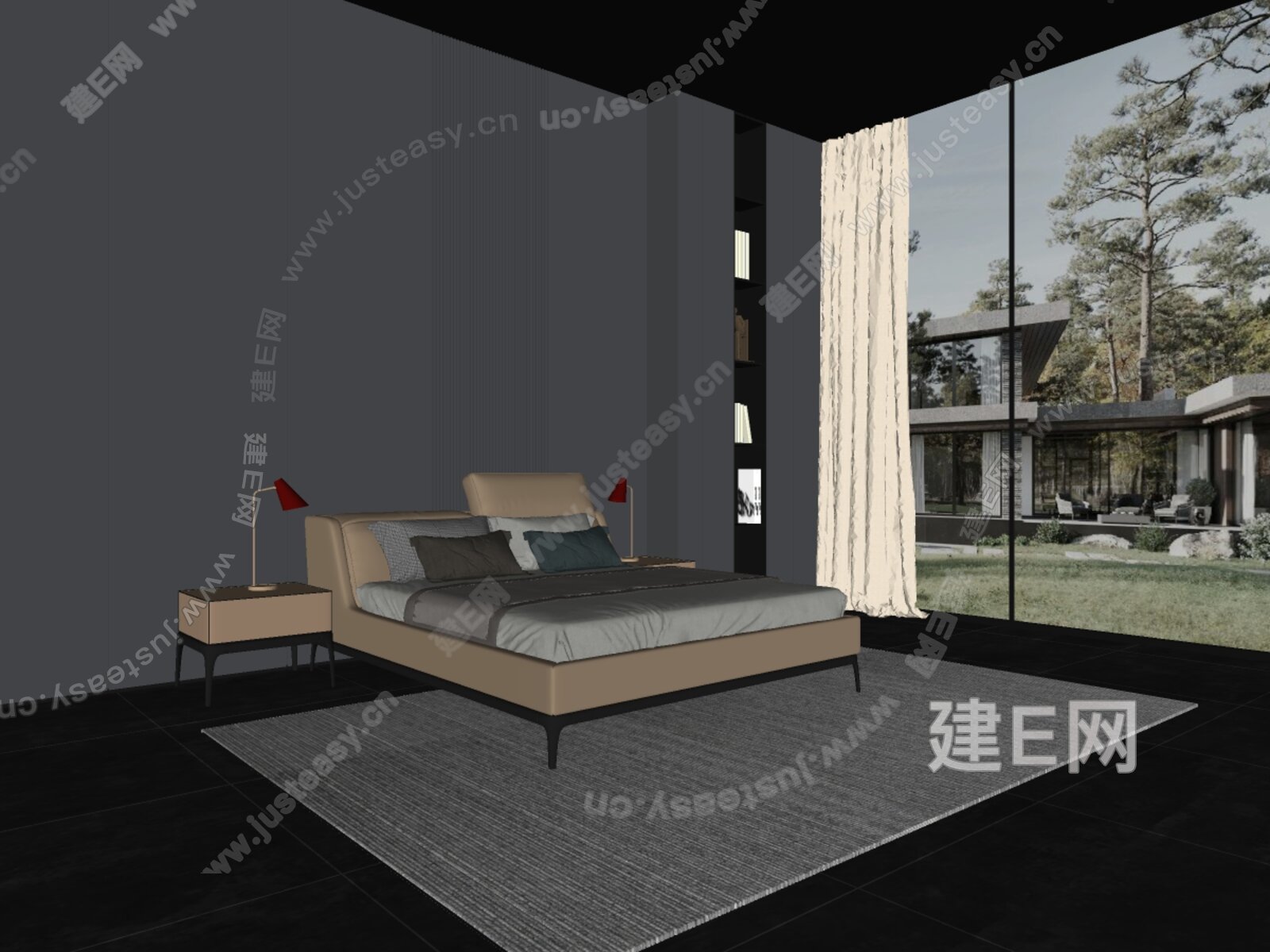 现代双人床模型SU模型下载[ID:104547919]_建E室内设计网