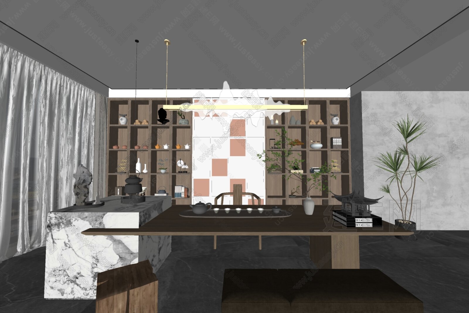 新中式茶室模型SU模型下载[ID:104547984]_建e网su模型
