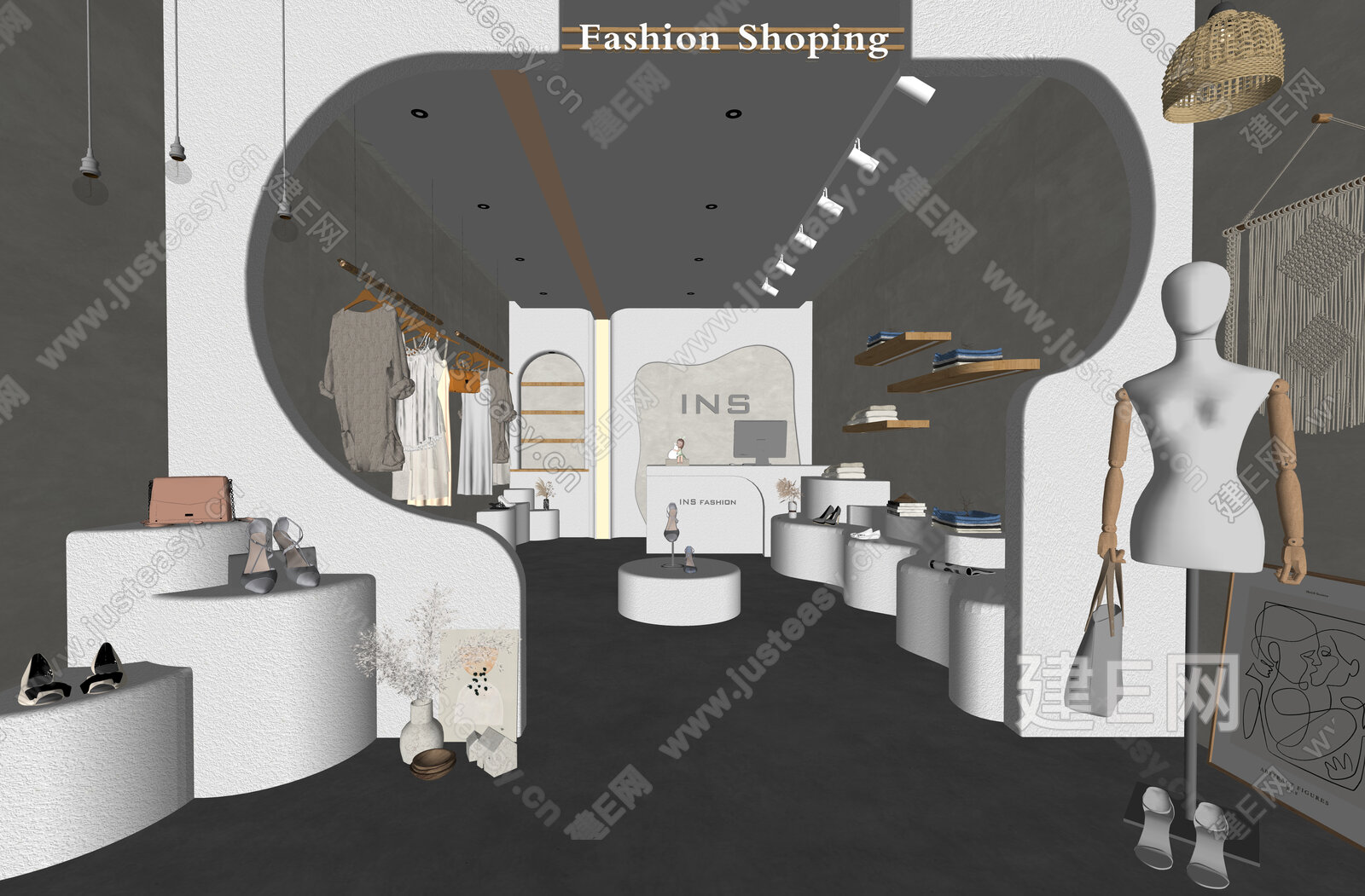 侘寂风服装店模型SU模型下载[ID:113460958]_建E室内设计网