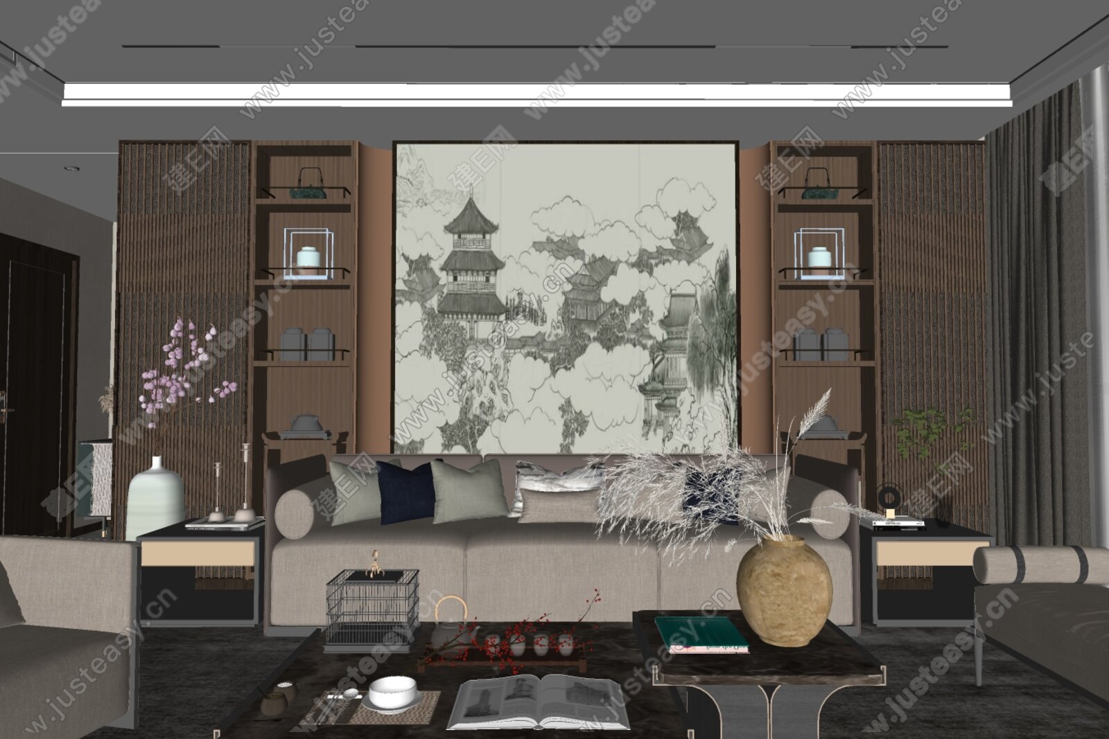 新中式客厅模型SU模型下载[ID:114247278]_建E室内设计网