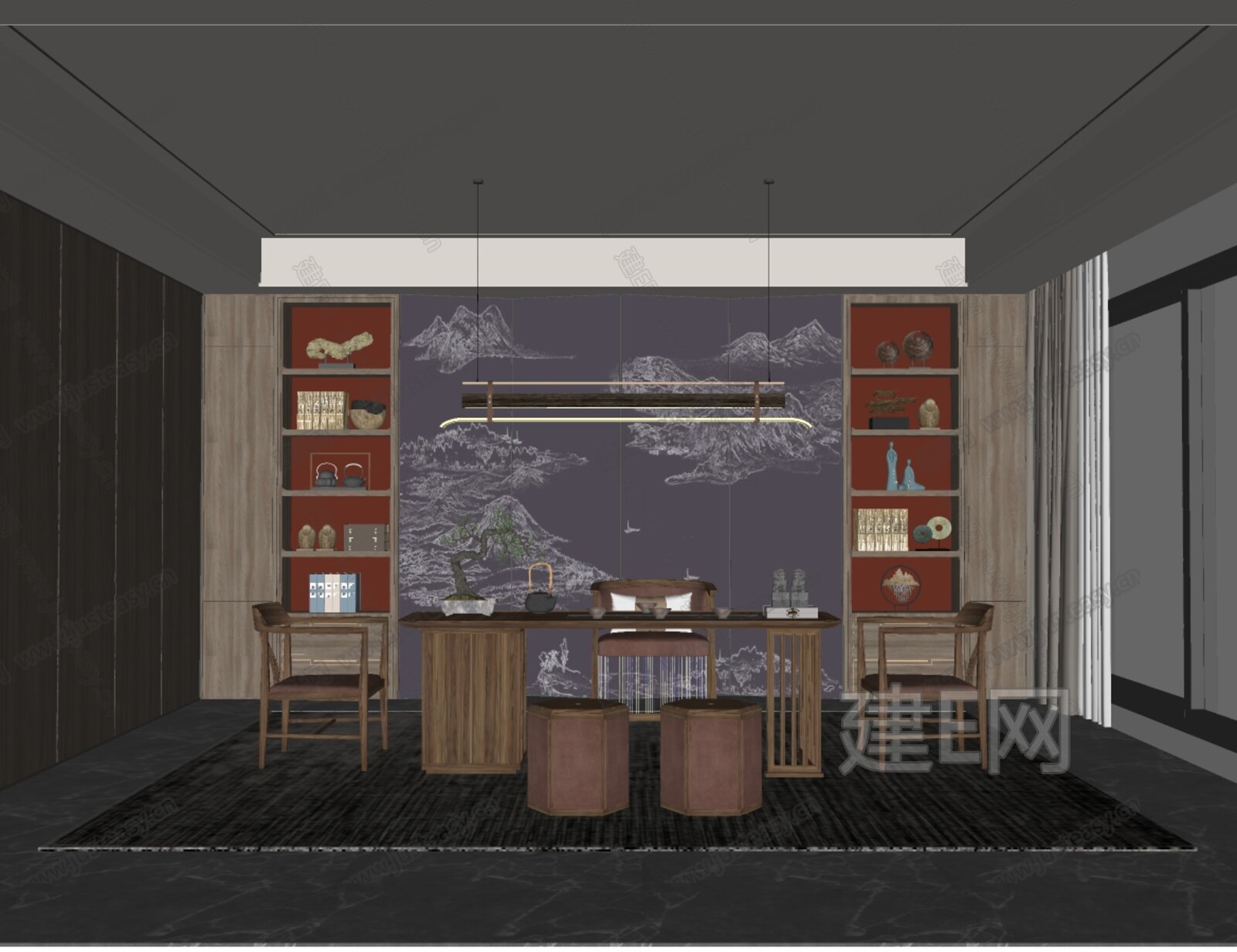 新中式茶室模型SU模型下载[ID:114902618]_建E室内设计网