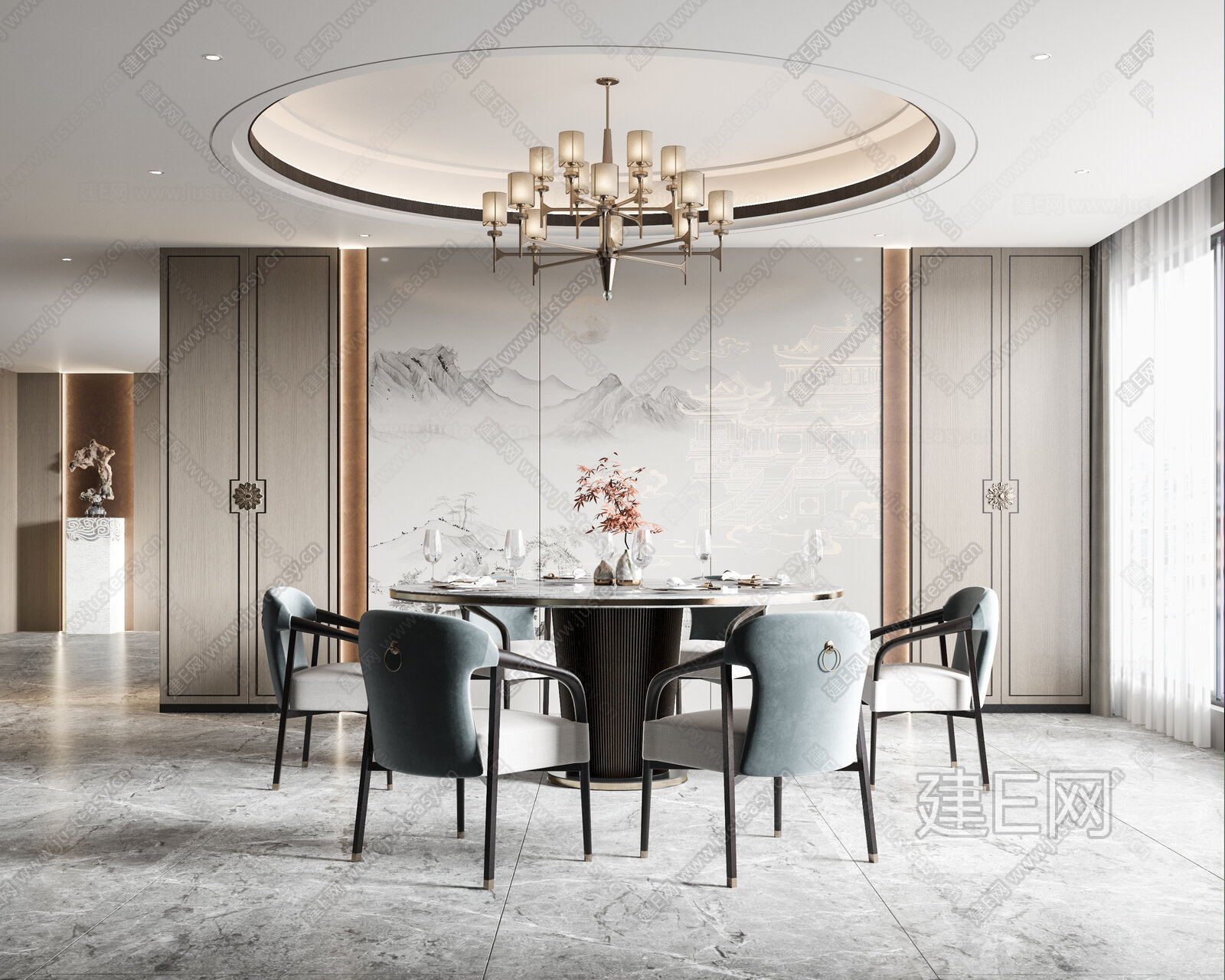 新中式餐厅模型SU模型下载[ID:115885665]_建e网su模型