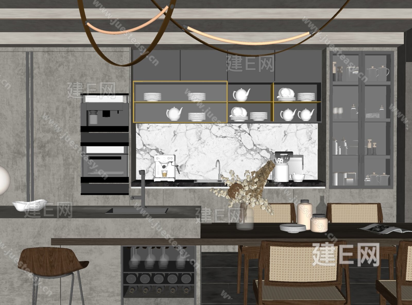 侘寂风餐厅模型SU模型下载[ID:117130946]_建e网su模型