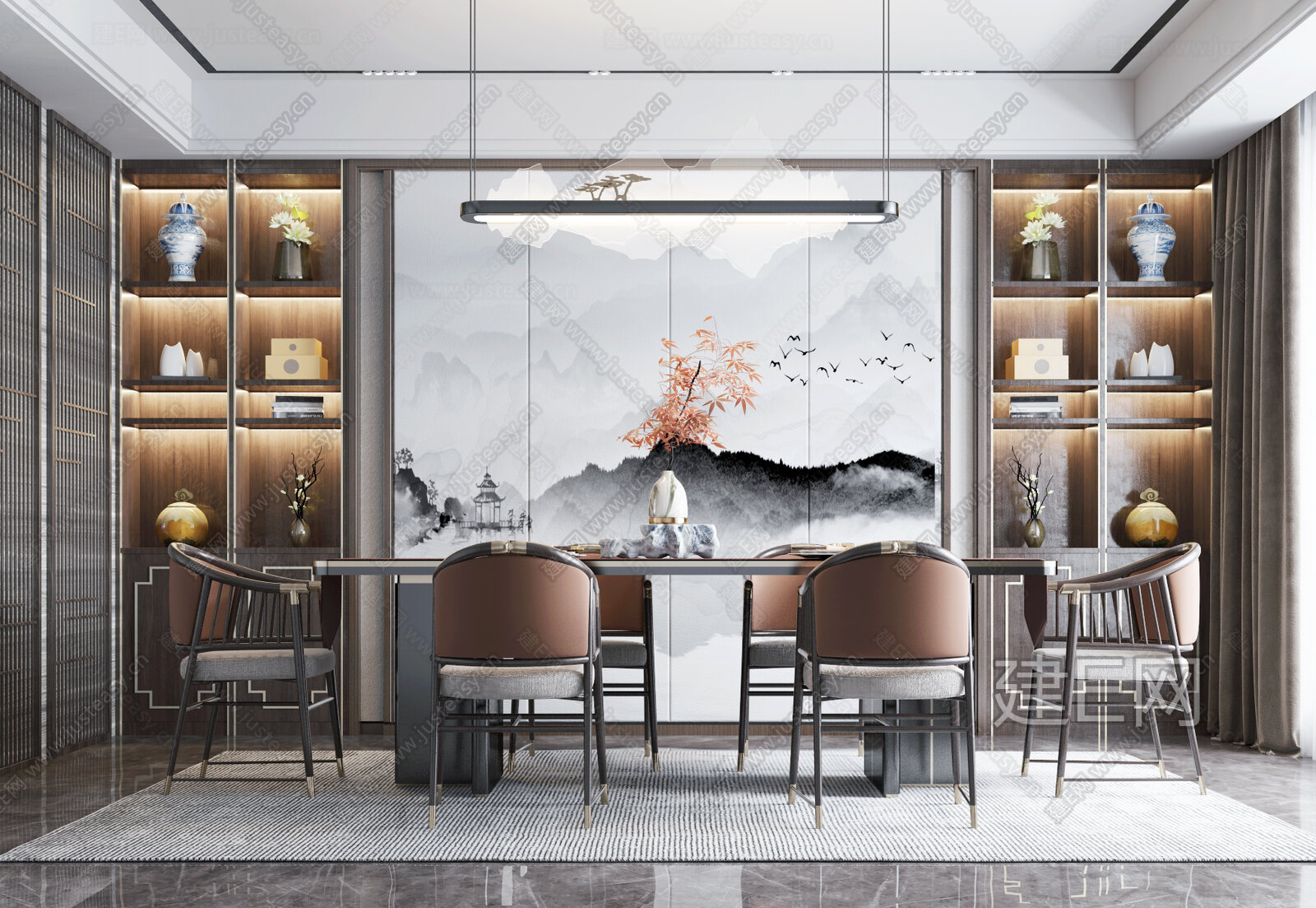 新中式餐厅模型SU模型下载[ID:109725392]_建E室内设计网