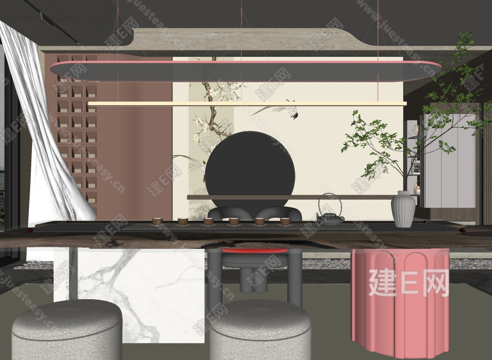 新中式茶室模型SU模型下载[ID:109200983]_建e网su模型