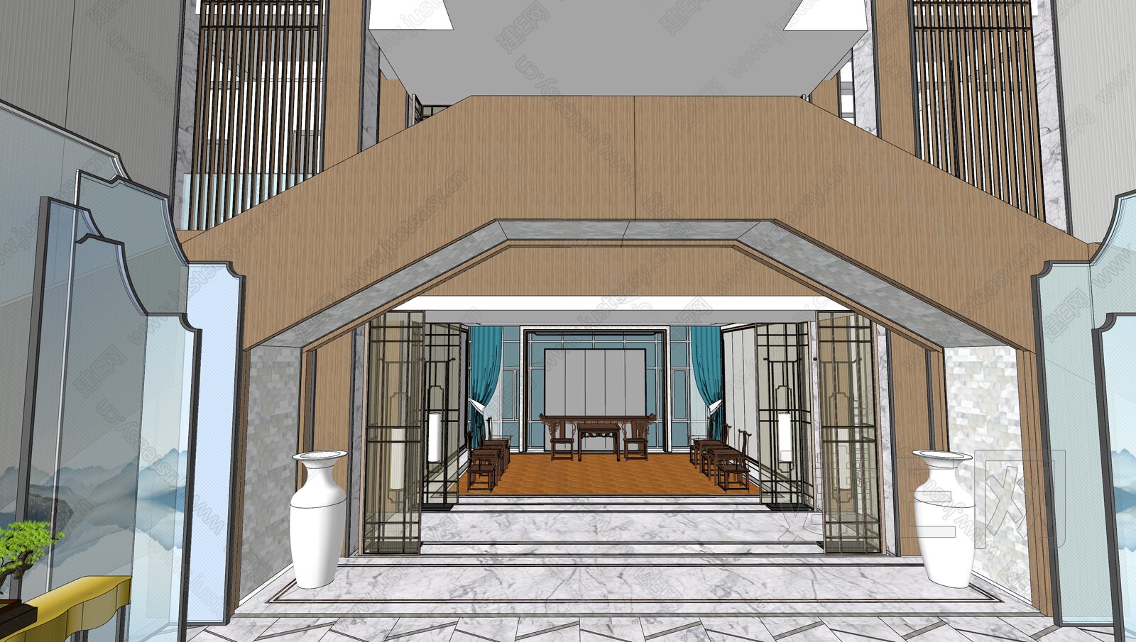 中式别墅模型SU模型下载[ID:109790792]_建E室内设计网