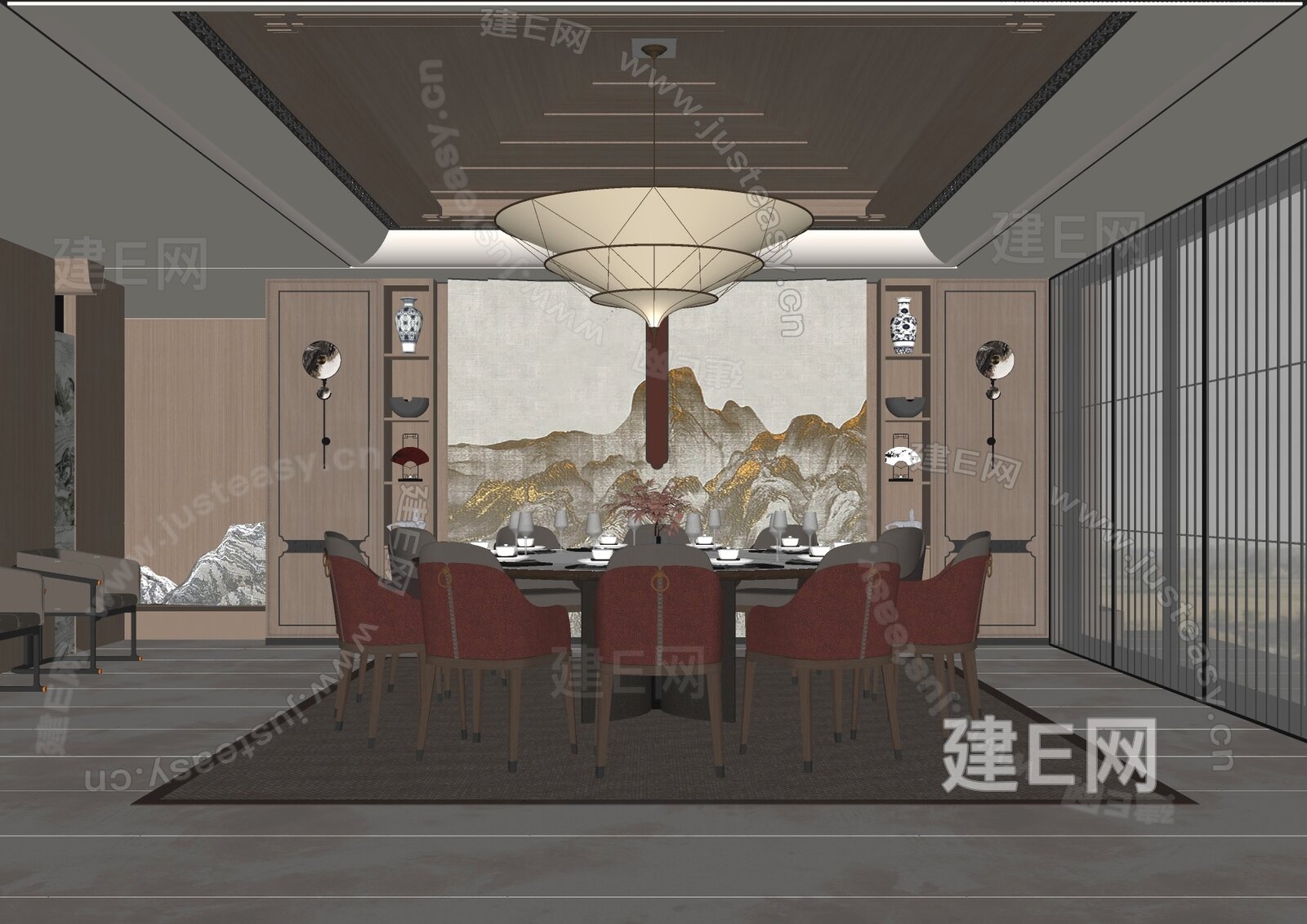 新中式餐厅模型SU模型下载[ID:110446305]_建e网su模型