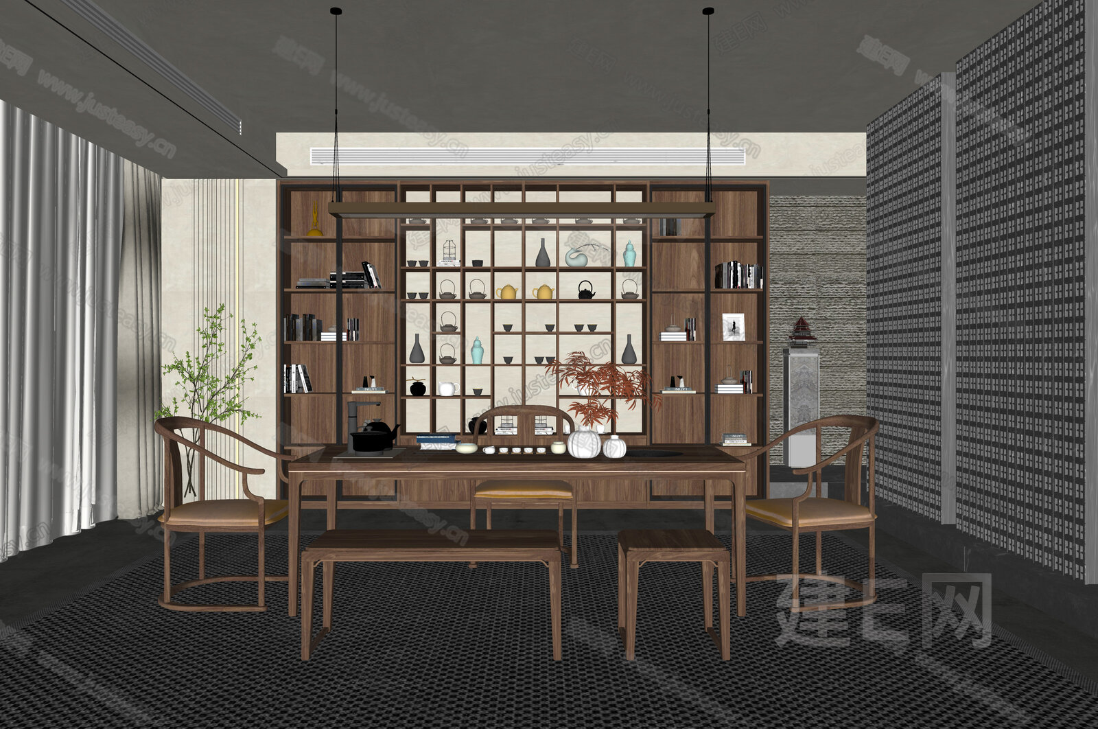 新中式茶室模型SU模型下载[ID:110380587]_建E室内设计网