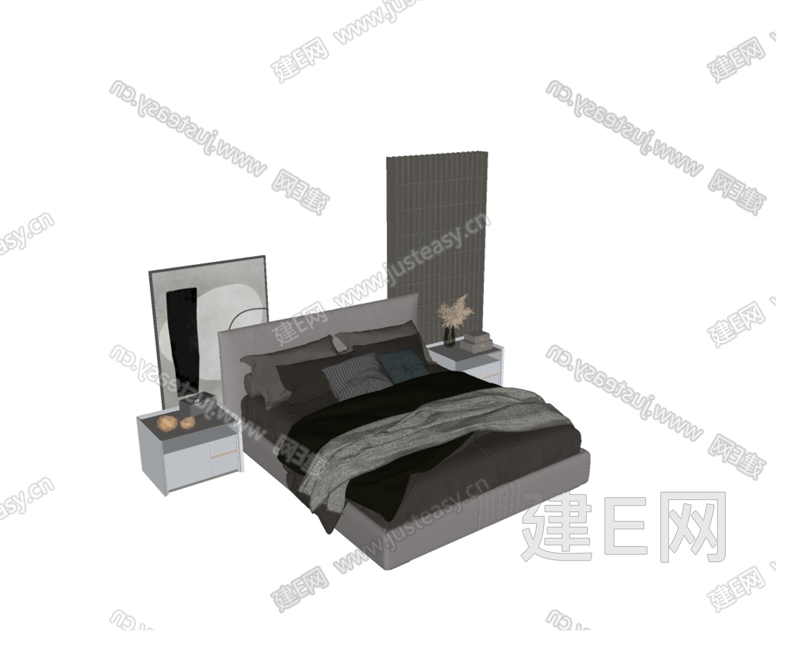 现代双人床模型SU模型下载[ID:110511724]_建E室内设计网