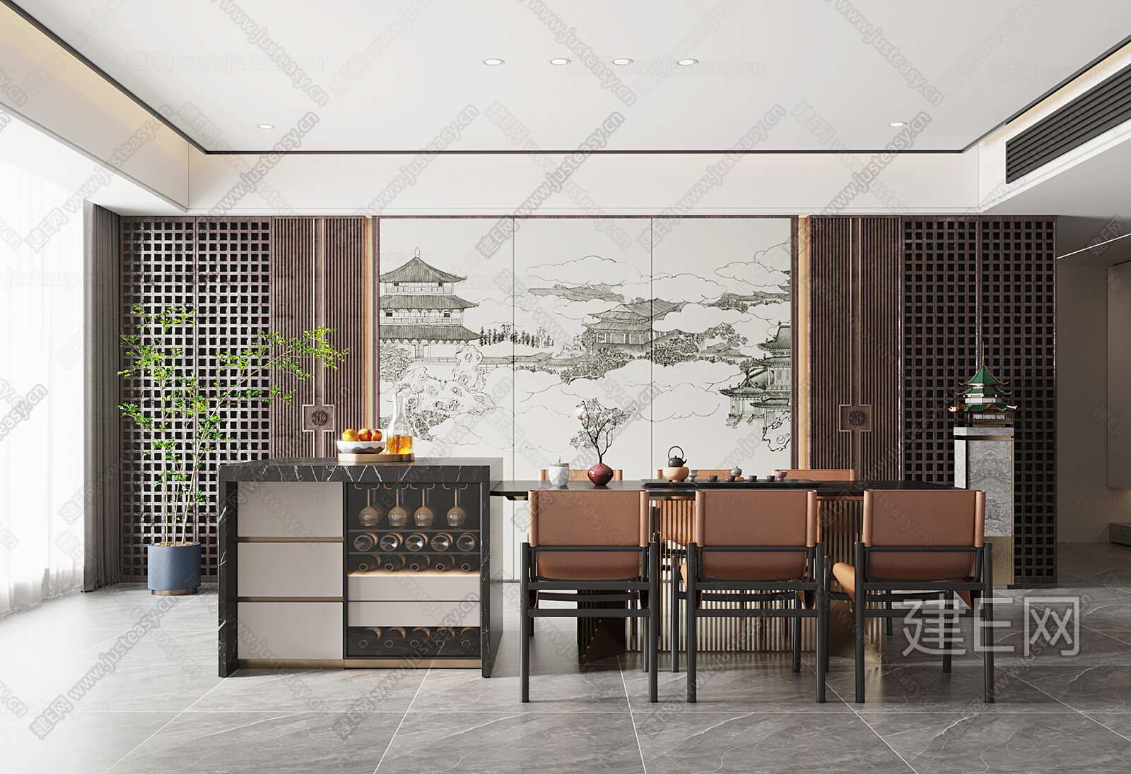 新中式餐厅模型SU模型下载[ID:112215774]_建e网su模型