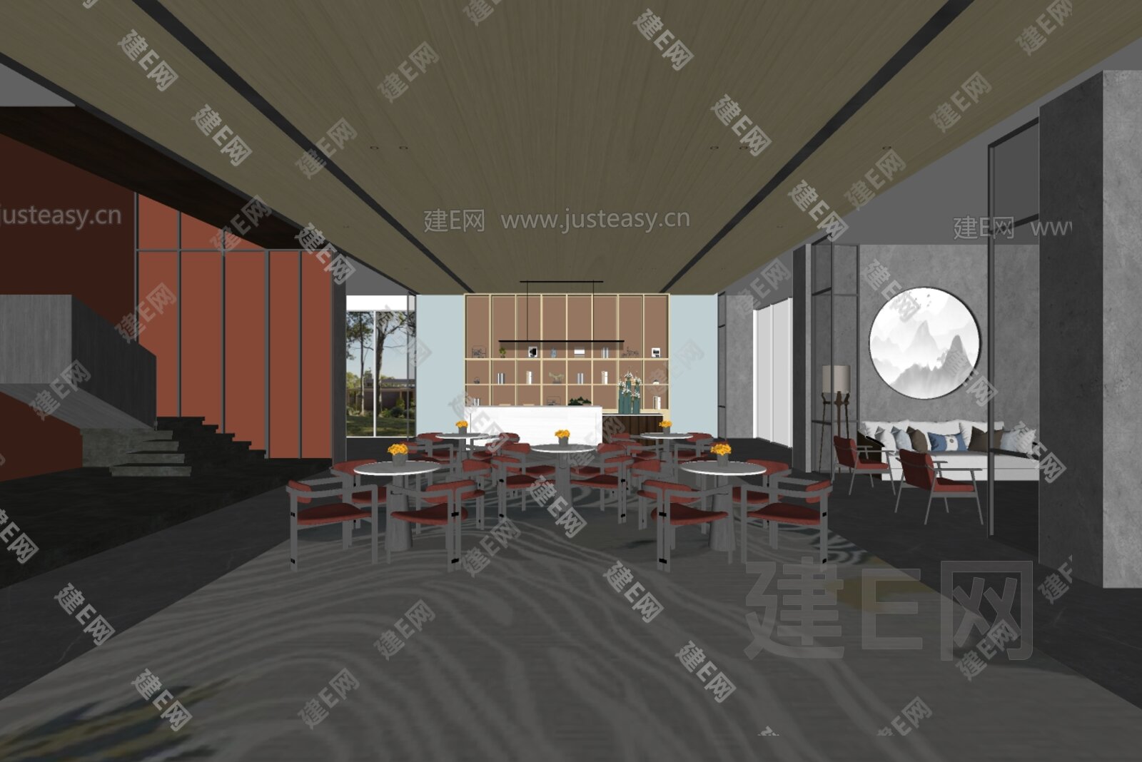 新中式售楼处洽谈区模型SU模型下载[ID:112477862]_建E室内设计网