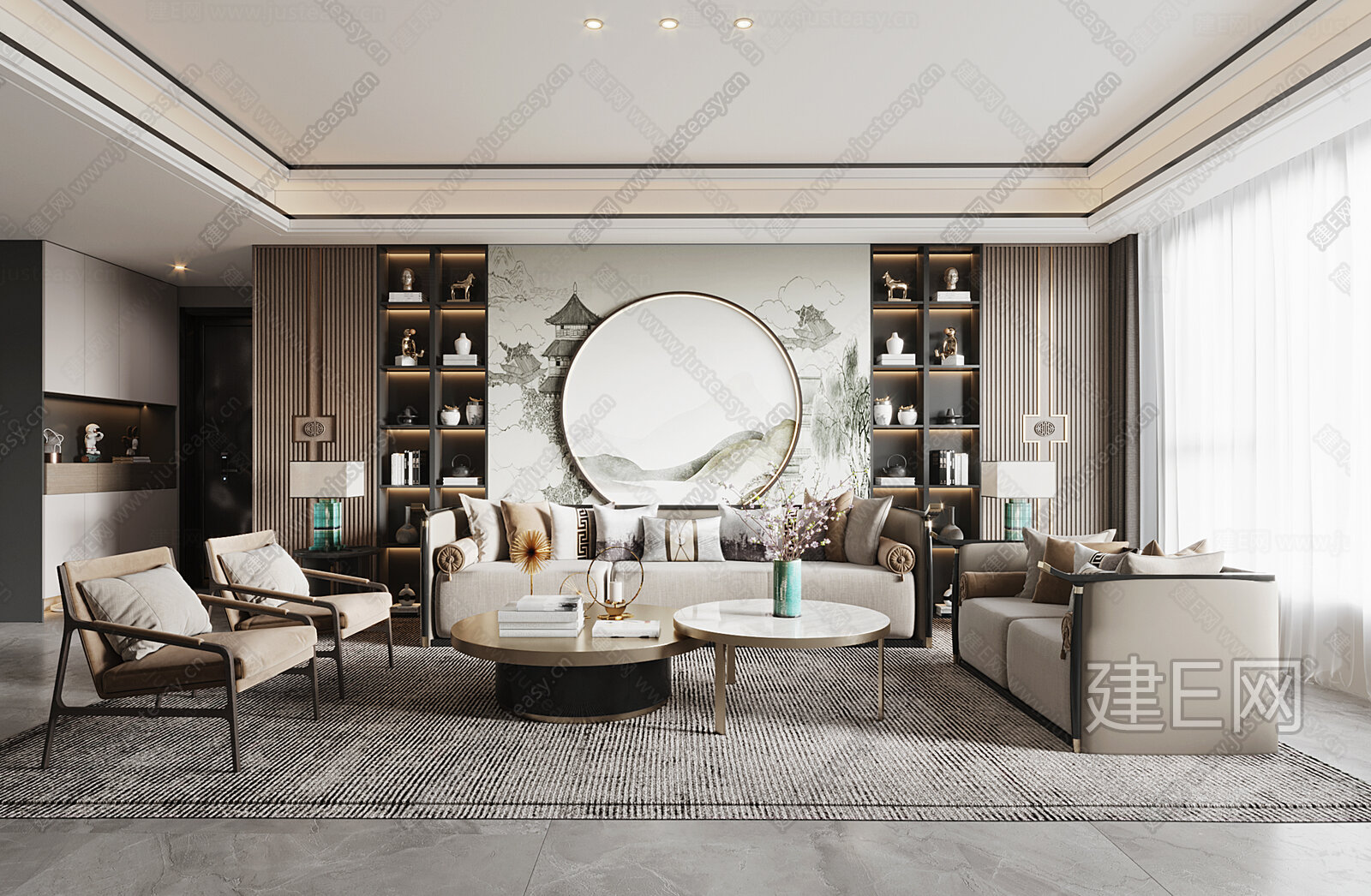 新中式客厅3d模型下载[ID:100880579]_建e网3d模型