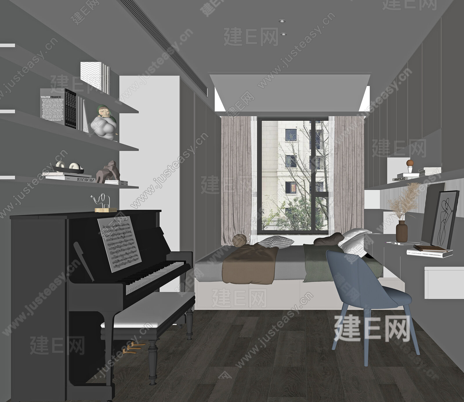 现代榻榻米卧室模型SU模型下载[ID:112019026]_建E室内设计网