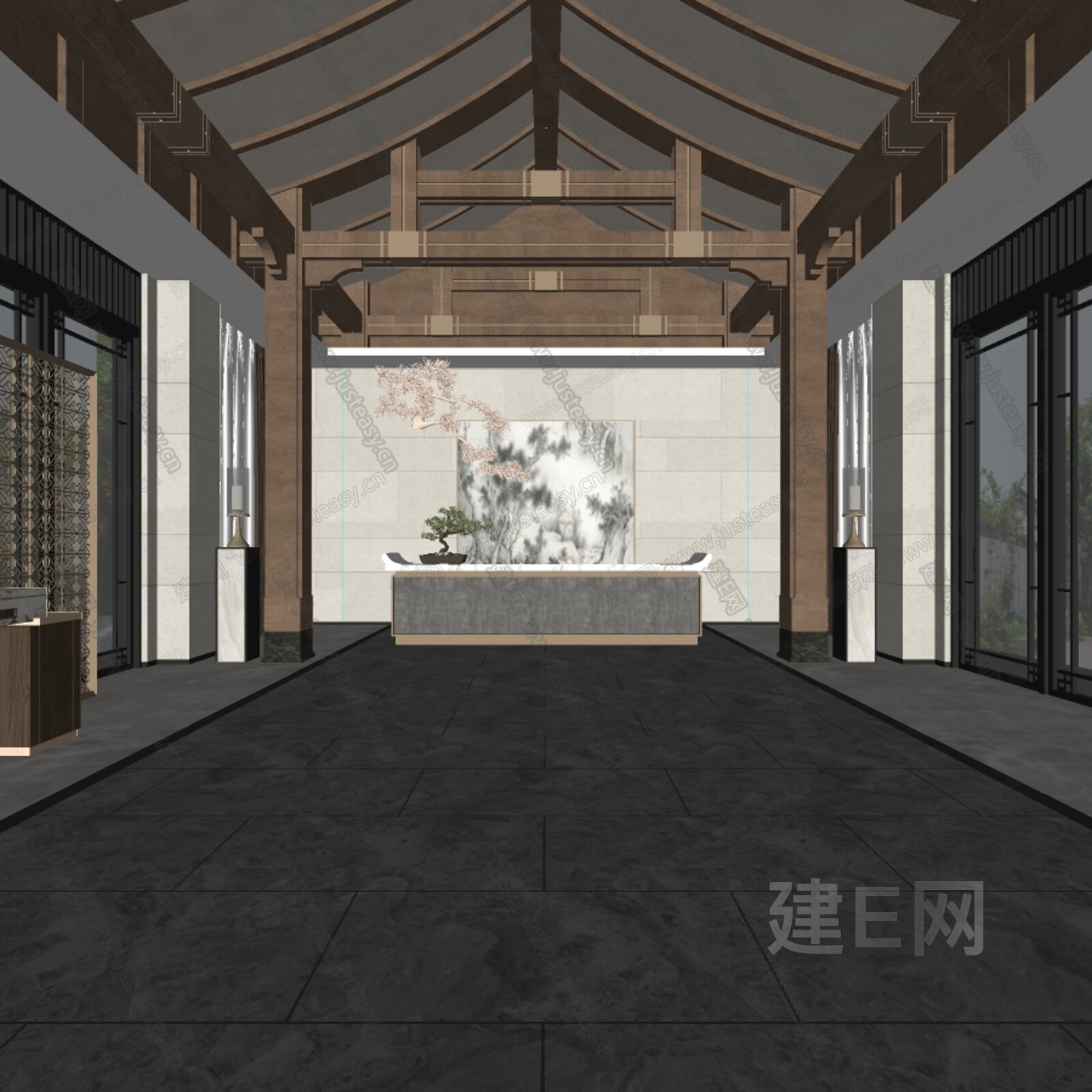新中式售楼处前台大厅模型SU模型下载[ID:112739853]_建e网su模型