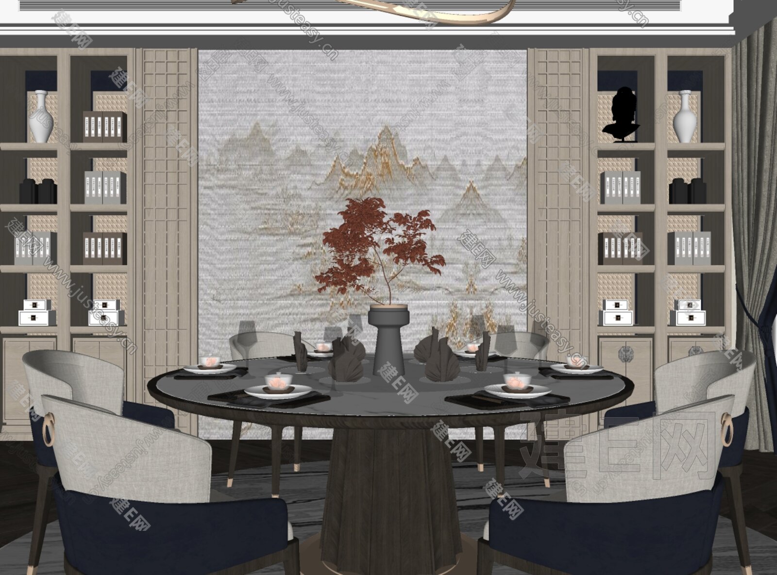 新中式餐厅模型SU模型下载[ID:105269542]_建e网su模型