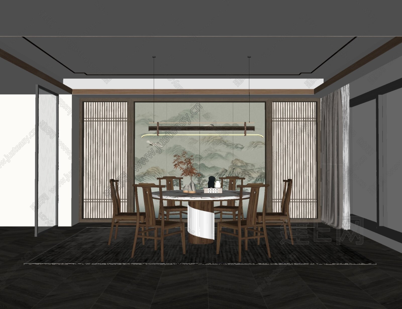 新中式餐厅模型SU模型下载[ID:105007433]_建e网su模型