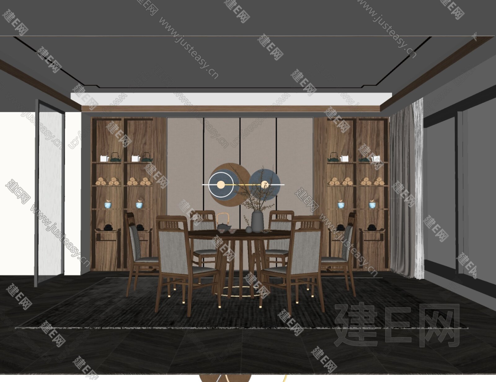 新中式餐厅模型SU模型下载[ID:105728395]_建E室内设计网
