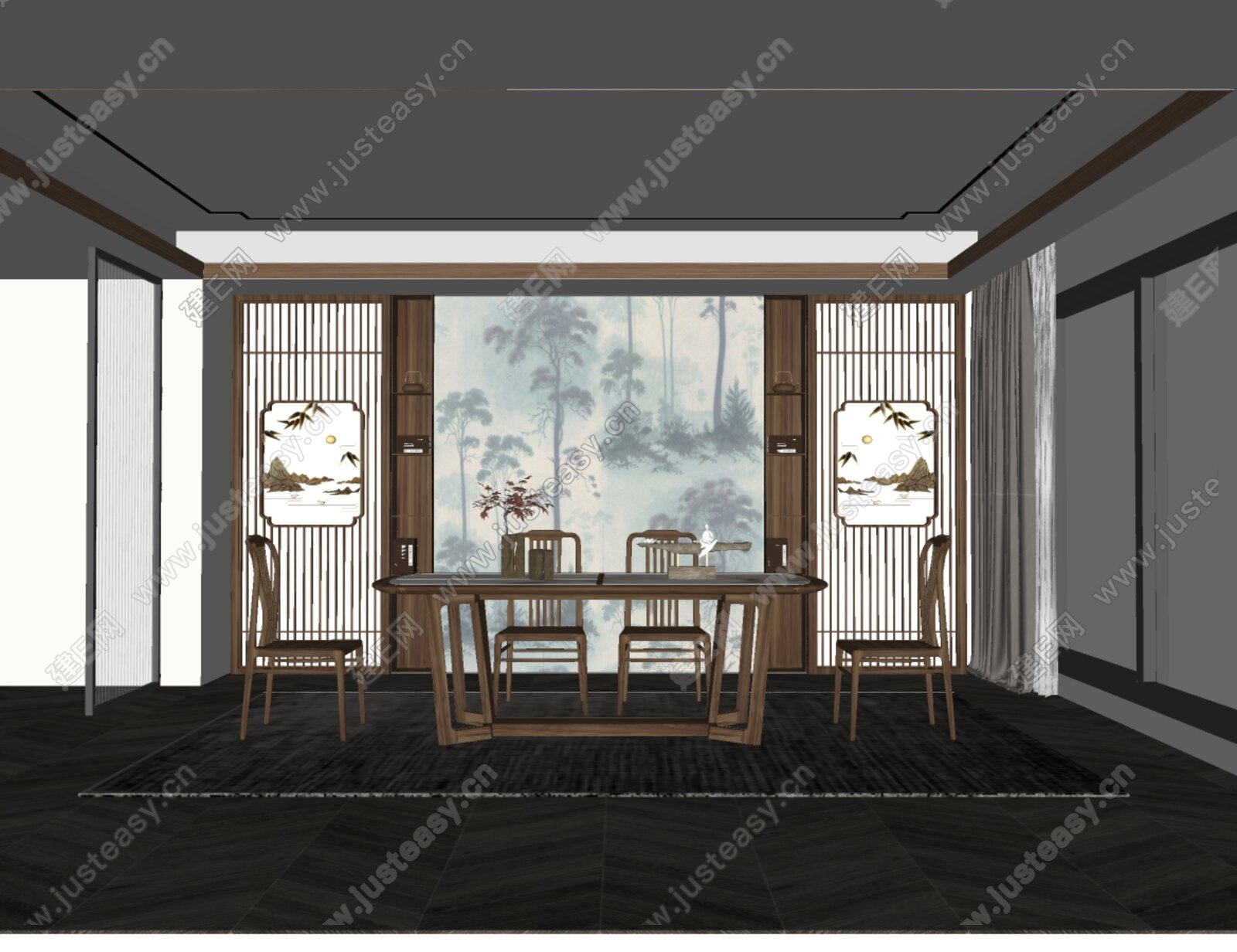 新中式餐厅模型SU模型下载[ID:105662878]_建e网su模型